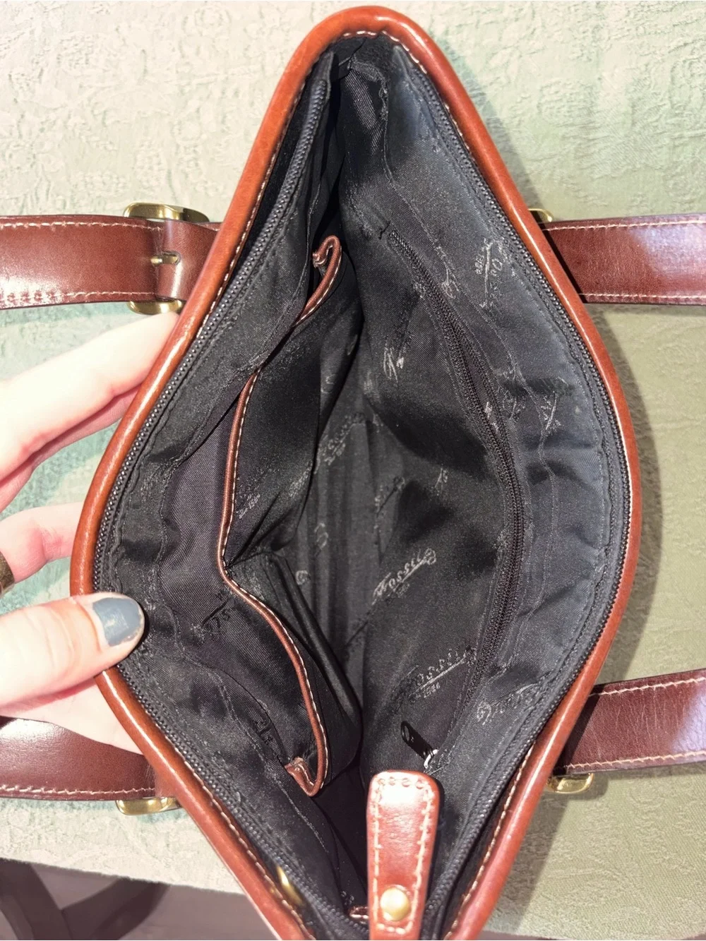Fossil Black Handbag with Brown Leather Trim